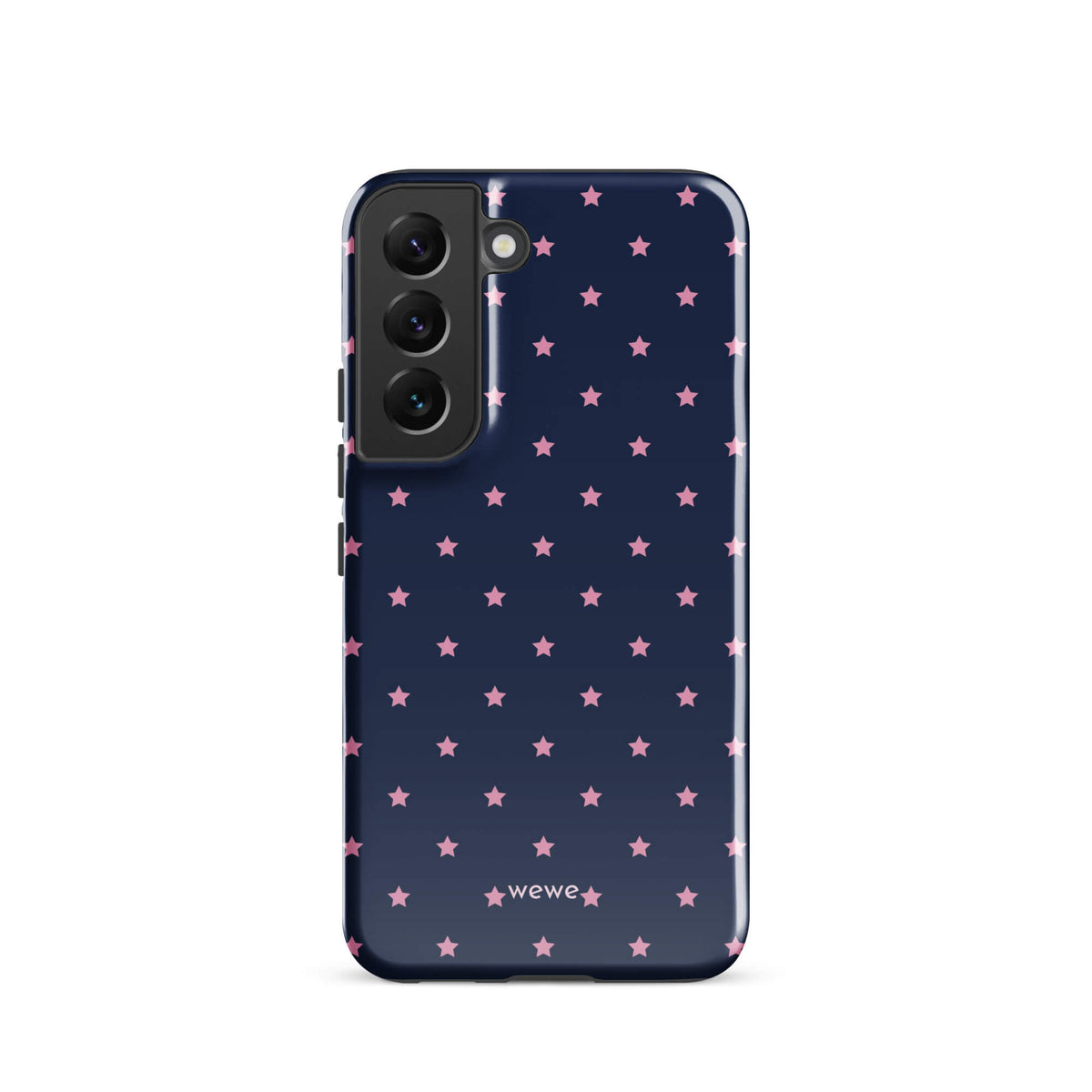 Navy-blue iPhone case with evenly spaced dusty-pink five-point stars