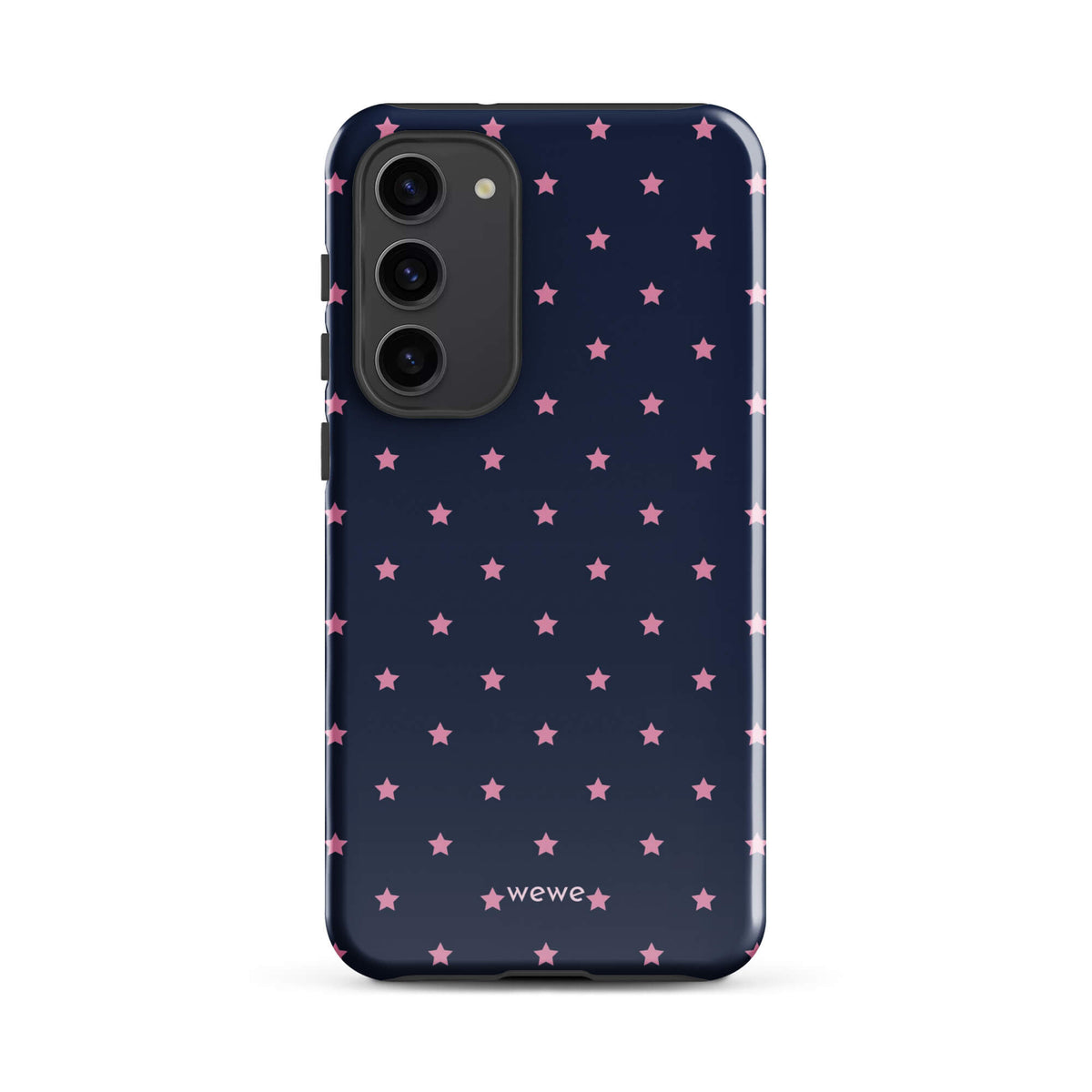 Navy-blue iPhone case with evenly spaced dusty-pink five-point stars