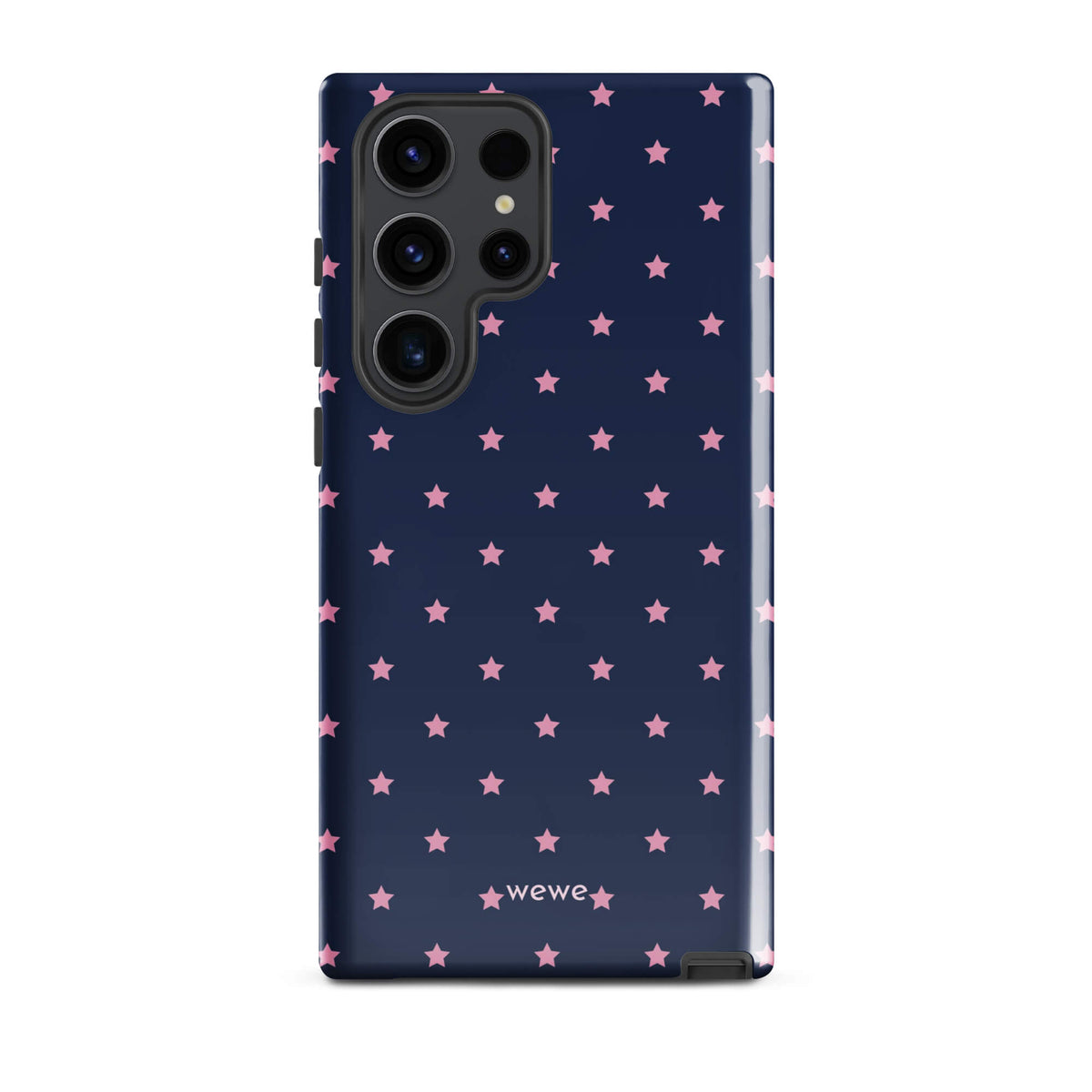 Navy-blue iPhone case with evenly spaced dusty-pink five-point stars