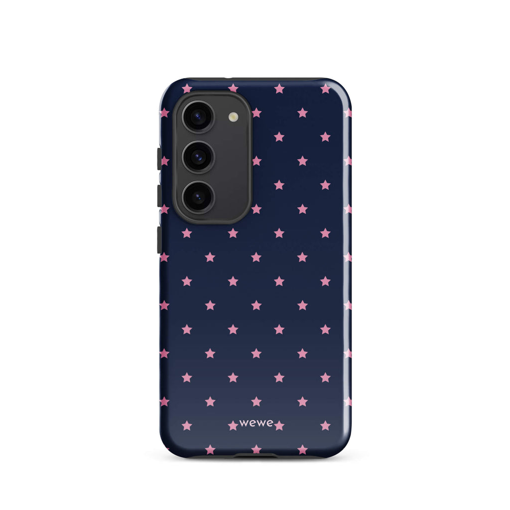 Navy-blue iPhone case with evenly spaced dusty-pink five-point stars