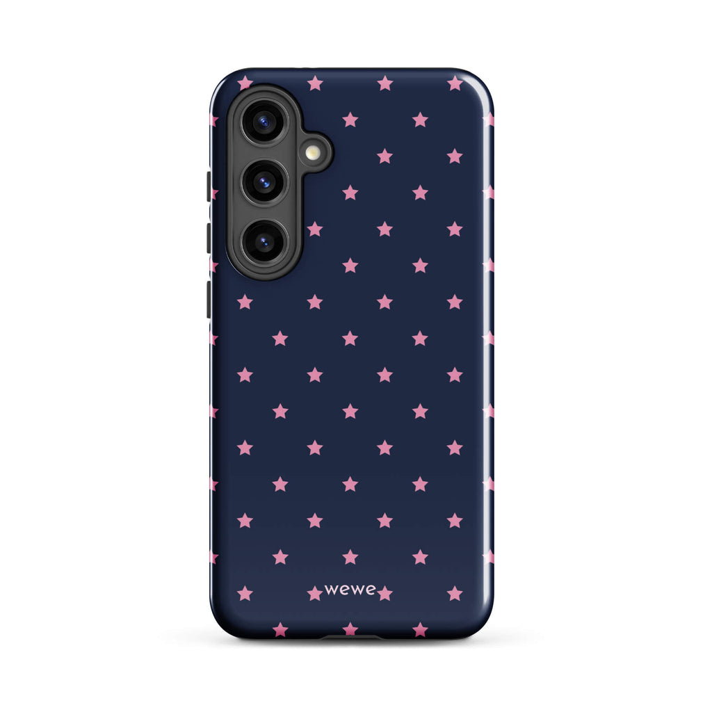 Navy-blue iPhone case with evenly spaced dusty-pink five-point stars