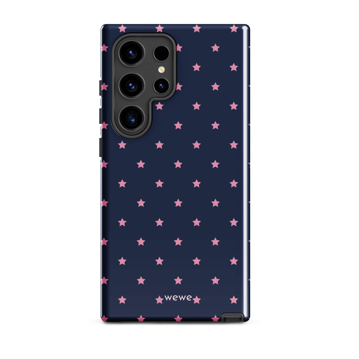 Navy-blue iPhone case with evenly spaced dusty-pink five-point stars