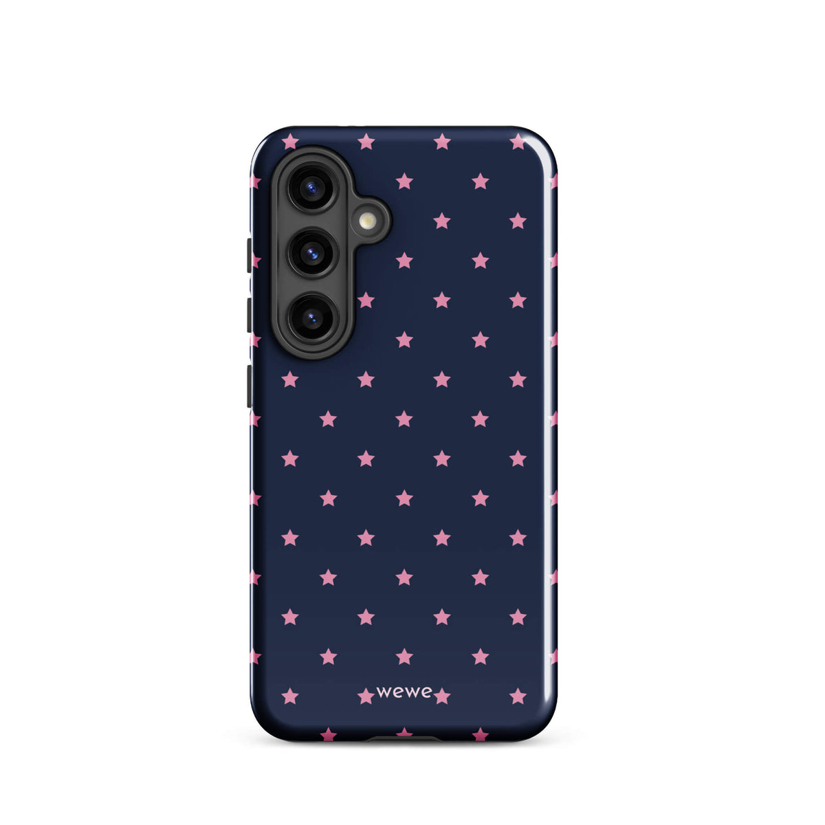 Navy-blue iPhone case with evenly spaced dusty-pink five-point stars