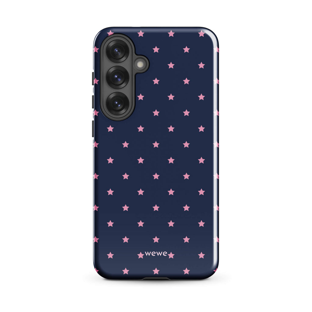 Navy-blue iPhone case with evenly spaced dusty-pink five-point stars
