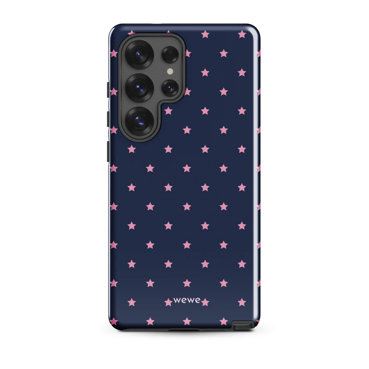 Navy-blue iPhone case with evenly spaced dusty-pink five-point stars