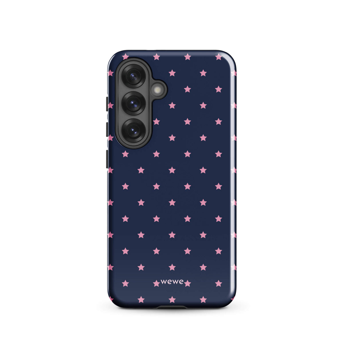 Navy-blue iPhone case with evenly spaced dusty-pink five-point stars