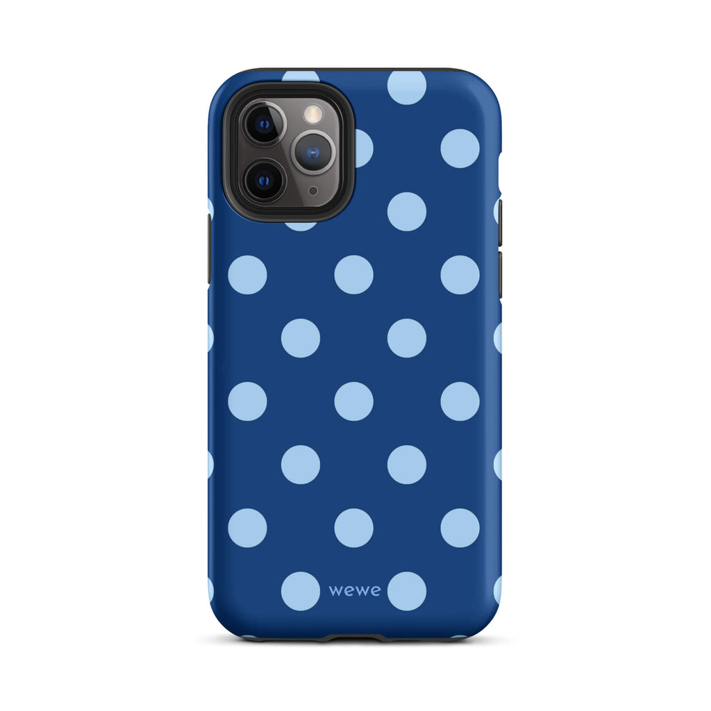 Deep navy-blue iPhone case with evenly spaced powder-blue polka dots