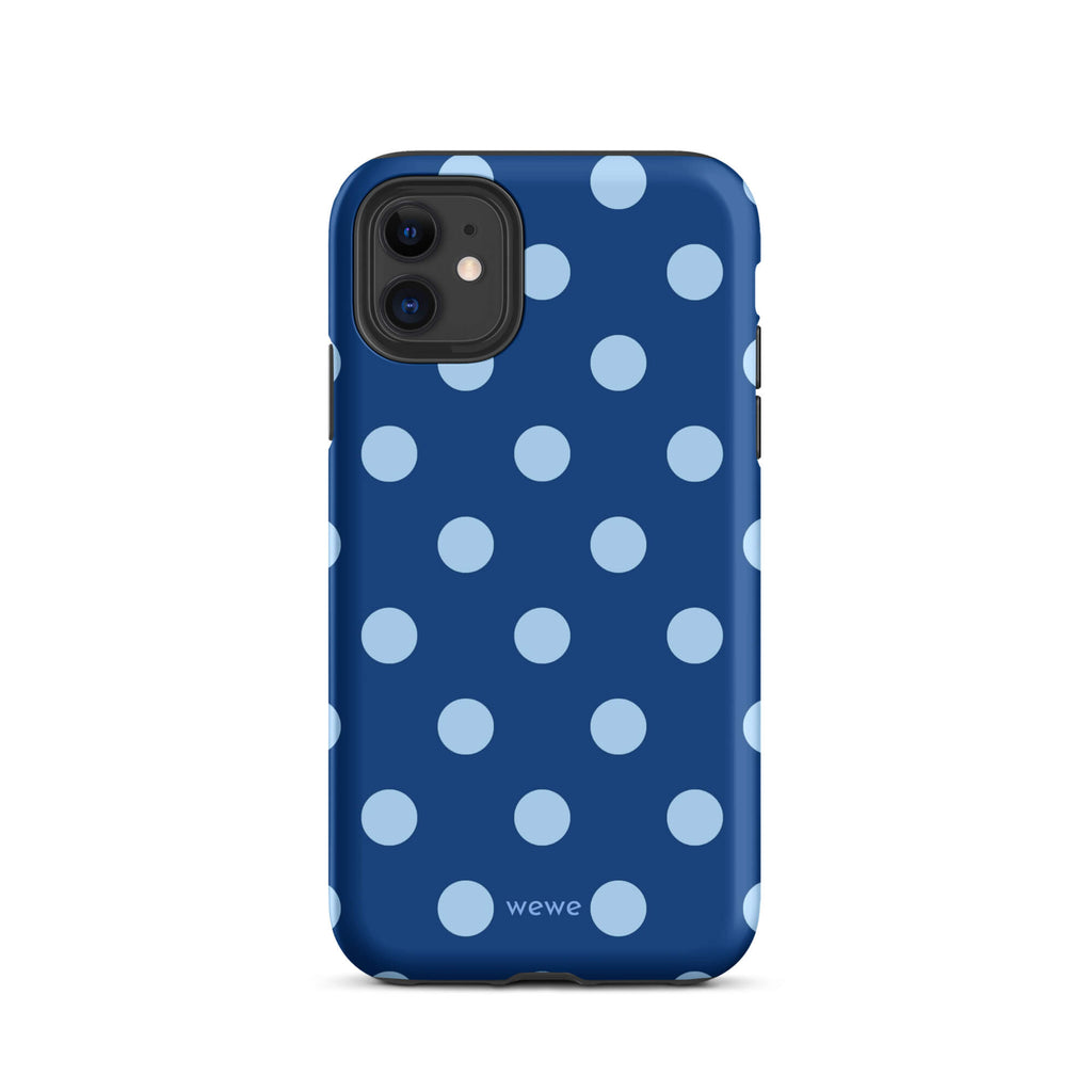 Deep navy-blue iPhone case with evenly spaced powder-blue polka dots