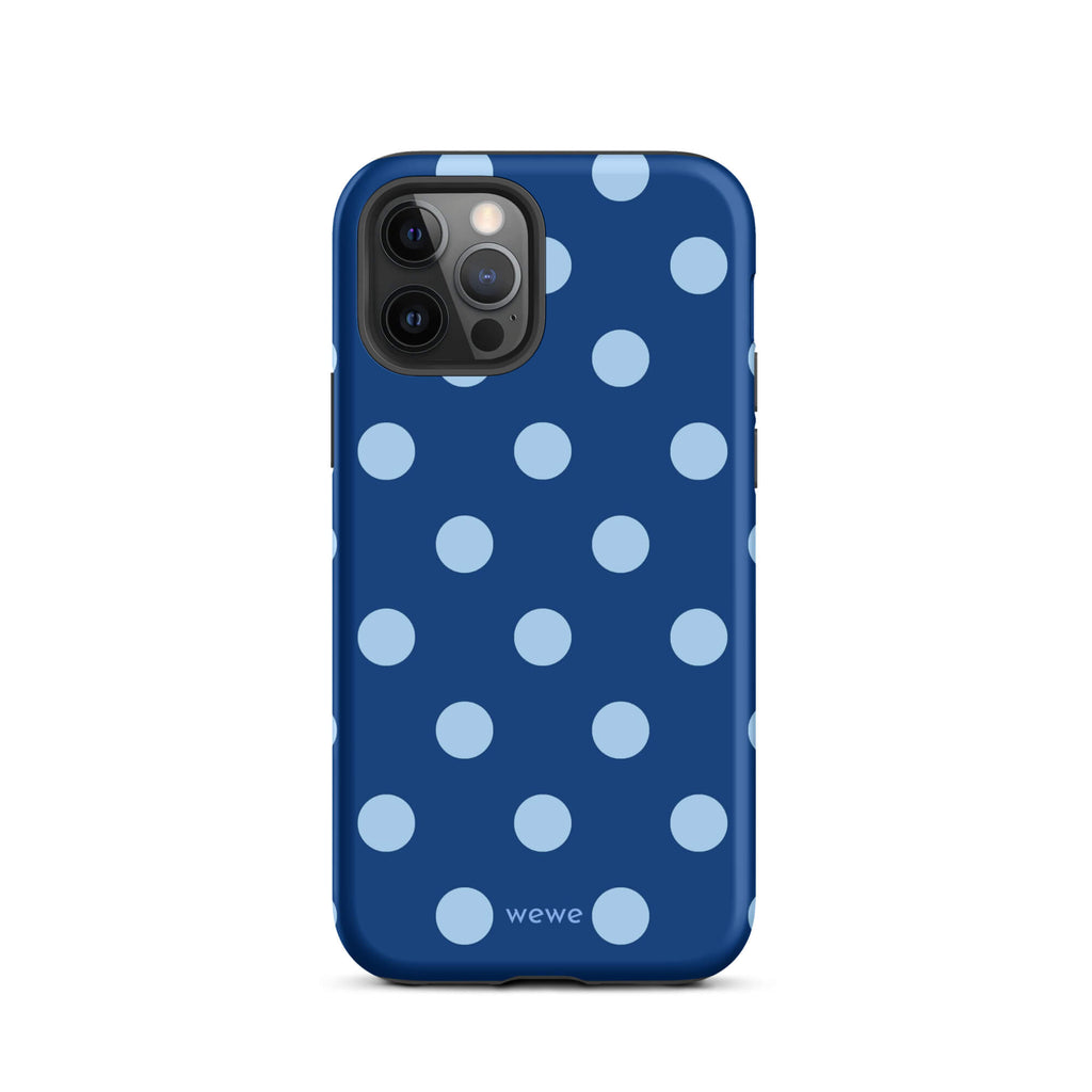 Deep navy-blue iPhone case with evenly spaced powder-blue polka dots