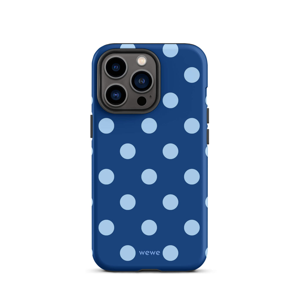 Deep navy-blue iPhone case with evenly spaced powder-blue polka dots