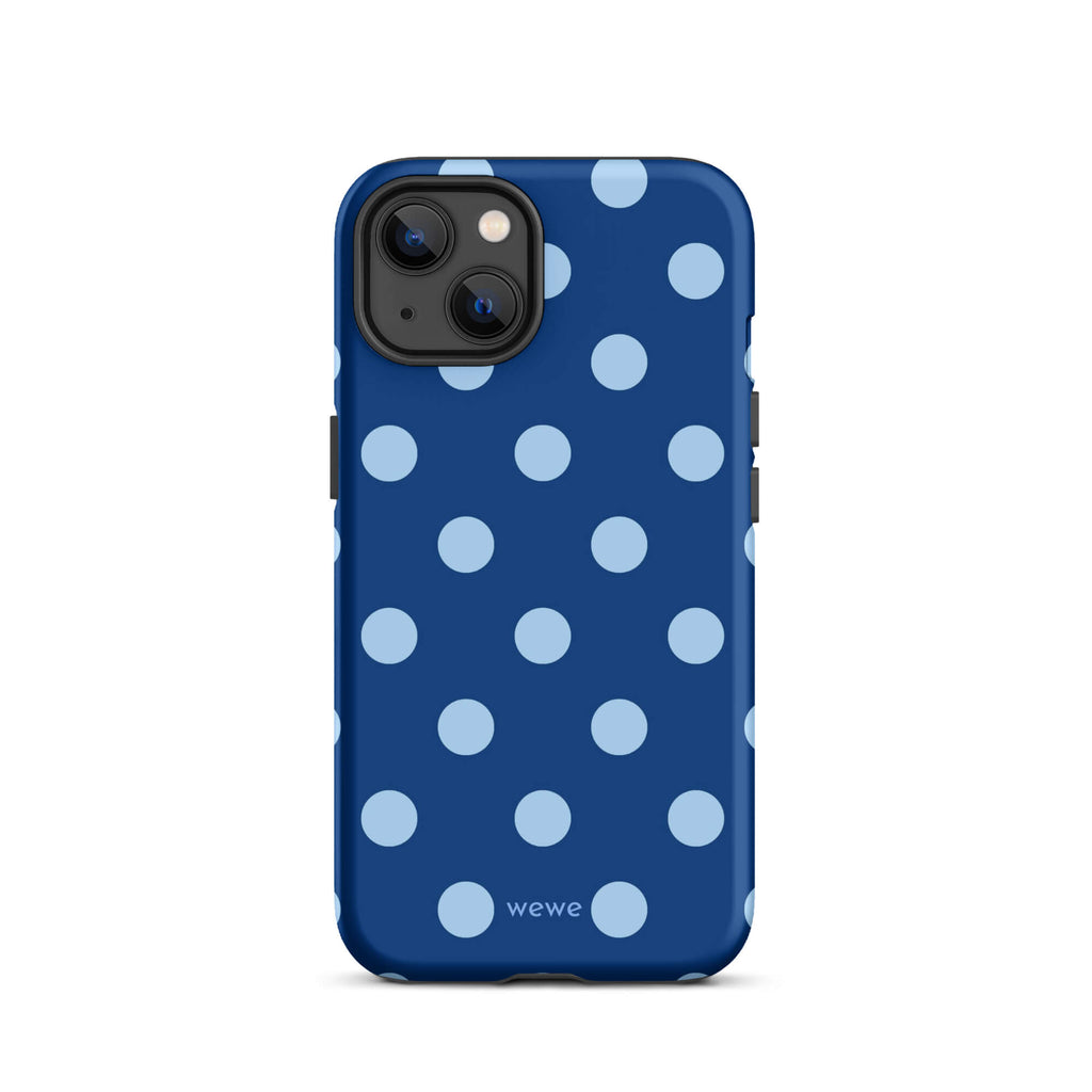 Deep navy-blue iPhone case with evenly spaced powder-blue polka dots