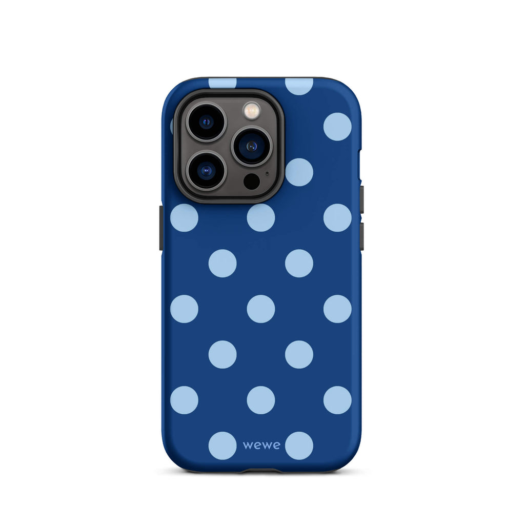 Deep navy-blue iPhone case with evenly spaced powder-blue polka dots
