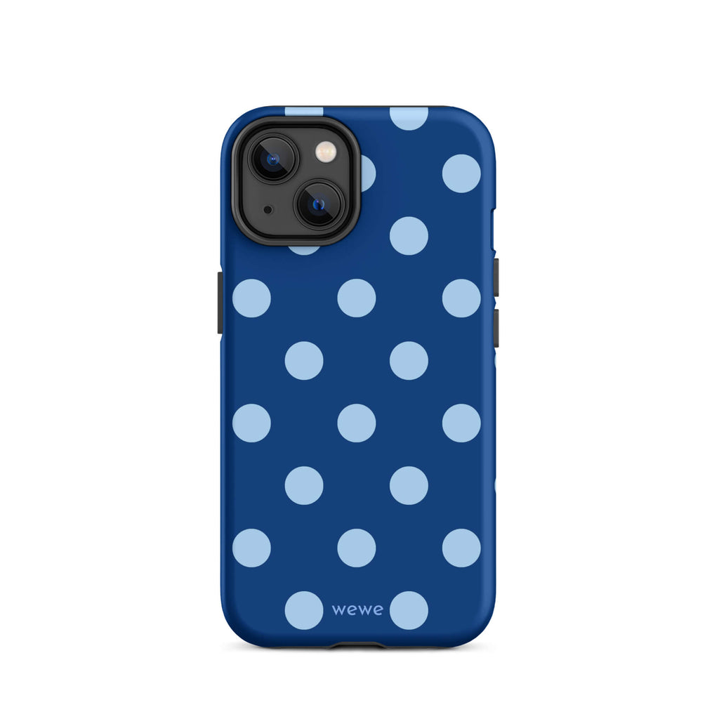 Deep navy-blue iPhone case with evenly spaced powder-blue polka dots