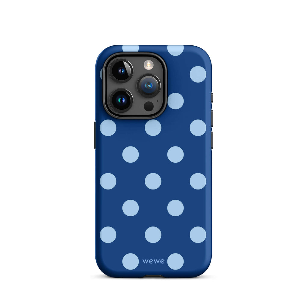 Deep navy-blue iPhone case with evenly spaced powder-blue polka dots