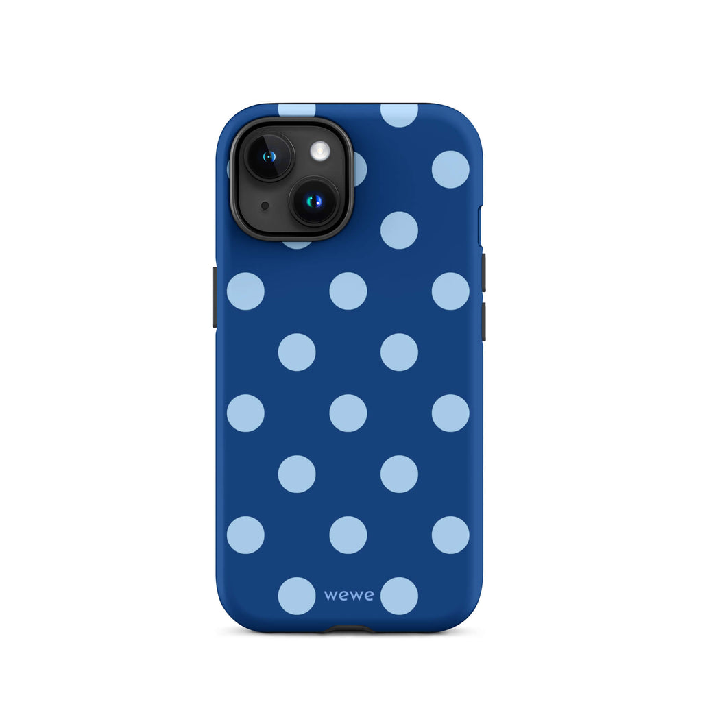 Deep navy-blue iPhone case with evenly spaced powder-blue polka dots