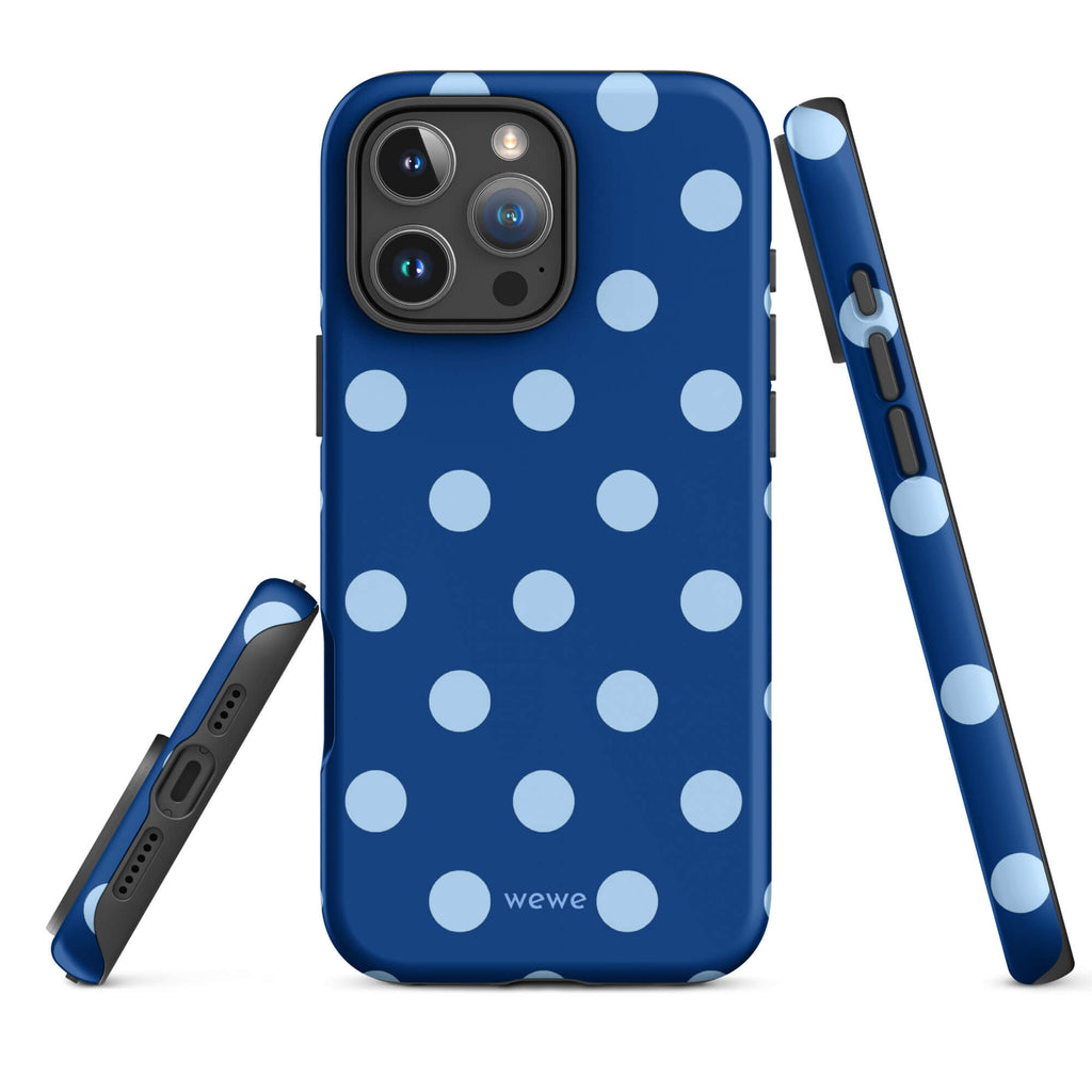 Deep navy-blue iPhone case with evenly spaced powder-blue polka dots