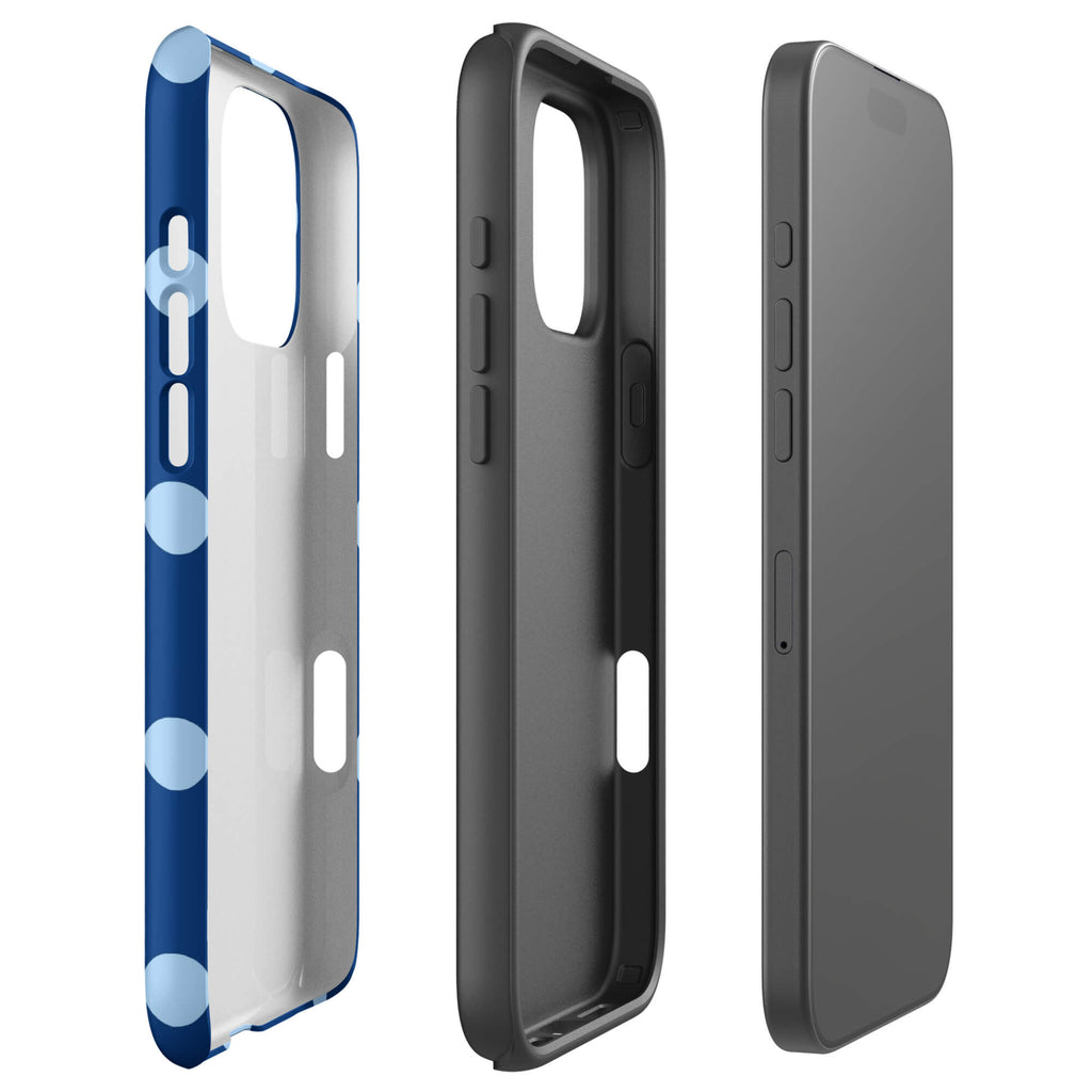 Deep navy-blue iPhone case with evenly spaced powder-blue polka dots