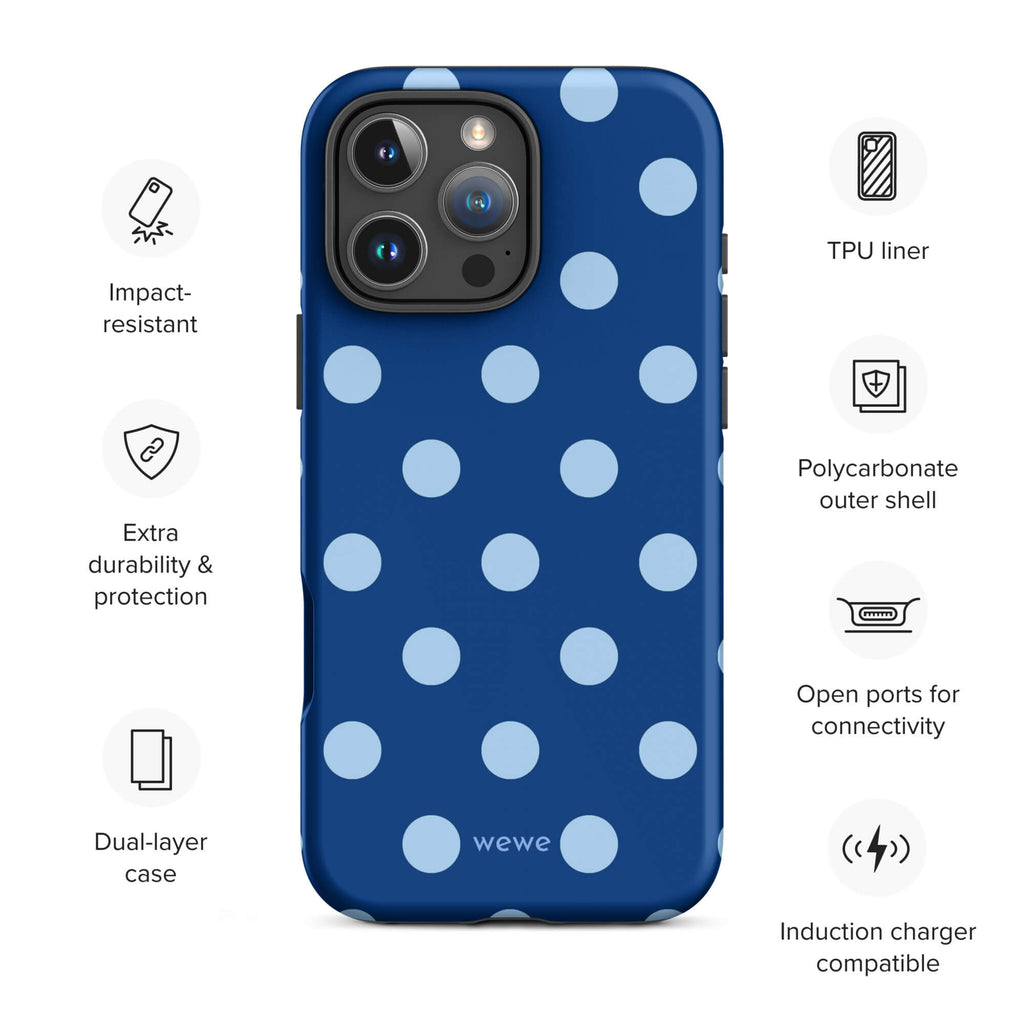 Deep navy-blue iPhone case with evenly spaced powder-blue polka dots