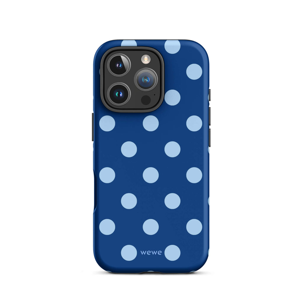 Deep navy-blue iPhone case with evenly spaced powder-blue polka dots