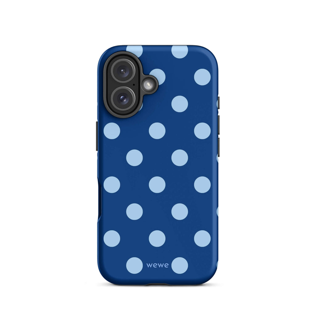 Deep navy-blue iPhone case with evenly spaced powder-blue polka dots