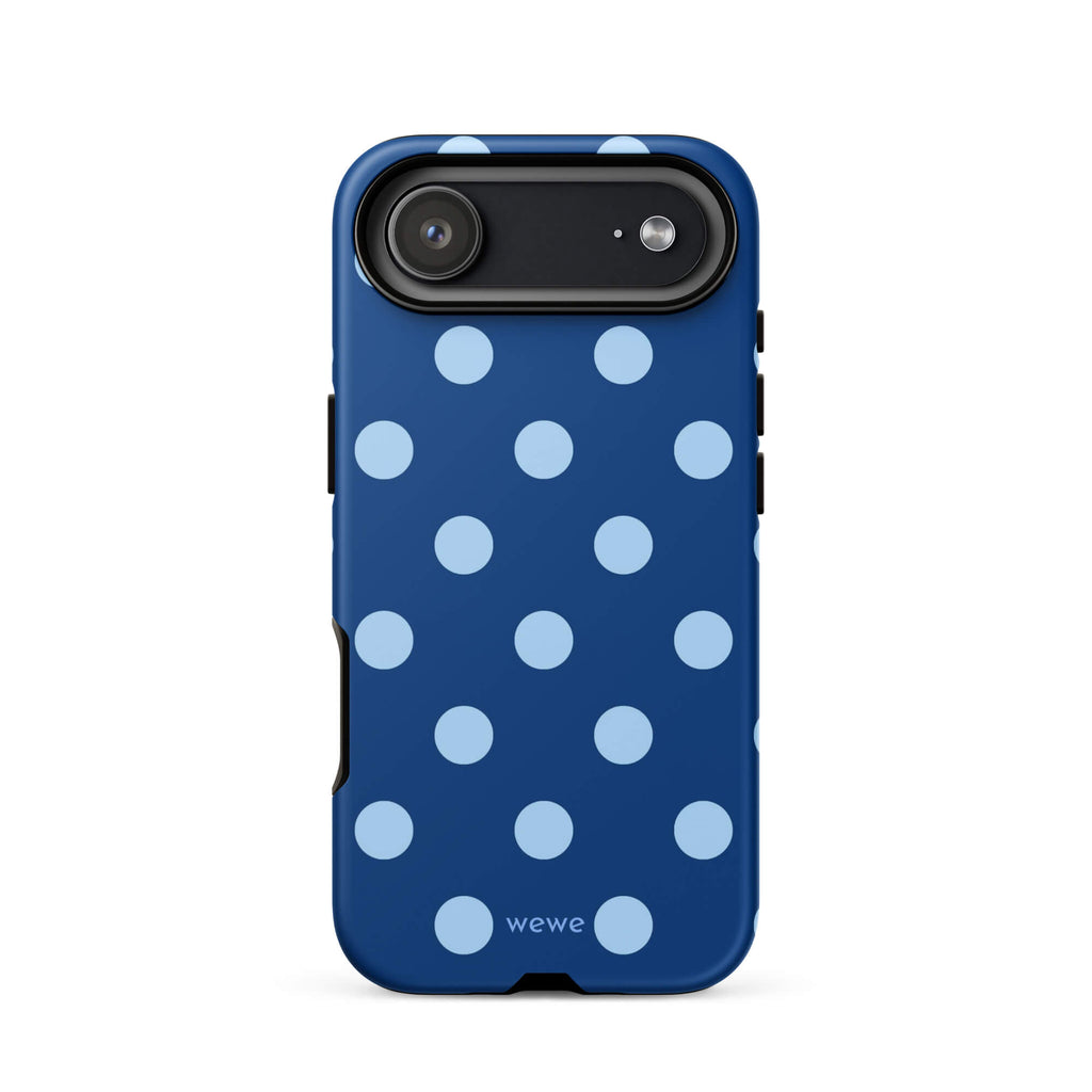Deep navy-blue iPhone case with evenly spaced powder-blue polka dots