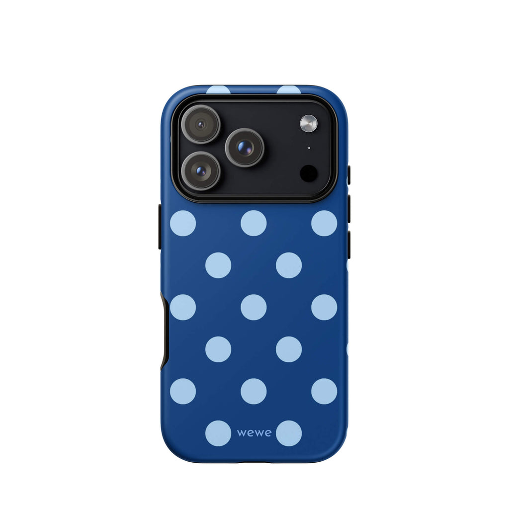 Deep navy-blue iPhone case with evenly spaced powder-blue polka dots