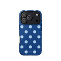 Deep navy-blue iPhone case with evenly spaced powder-blue polka dots