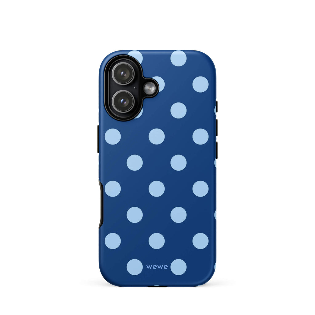 Deep navy-blue iPhone case with evenly spaced powder-blue polka dots