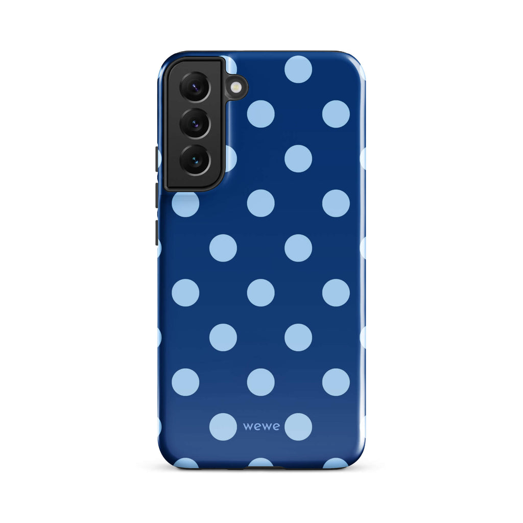 Deep navy-blue iPhone case with evenly spaced powder-blue polka dots