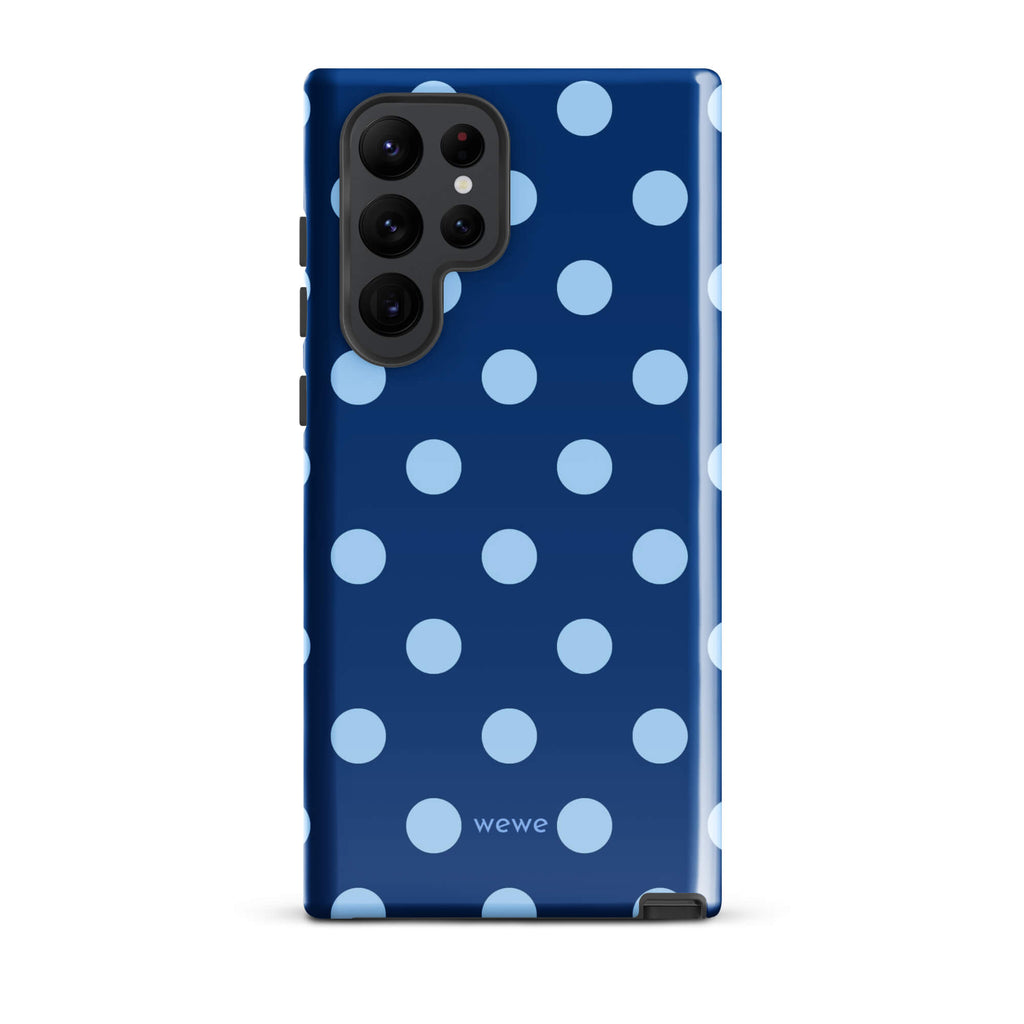 Deep navy-blue iPhone case with evenly spaced powder-blue polka dots