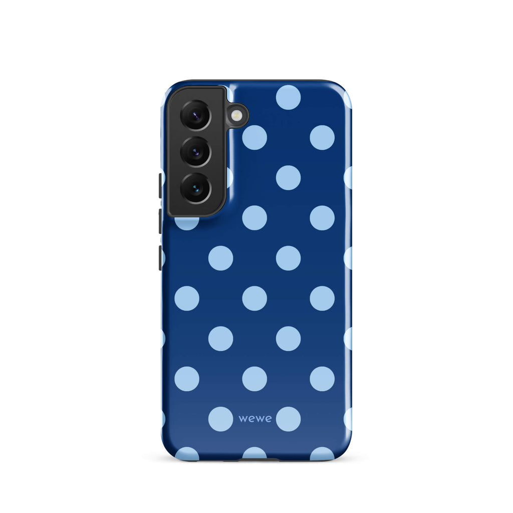 Deep navy-blue iPhone case with evenly spaced powder-blue polka dots