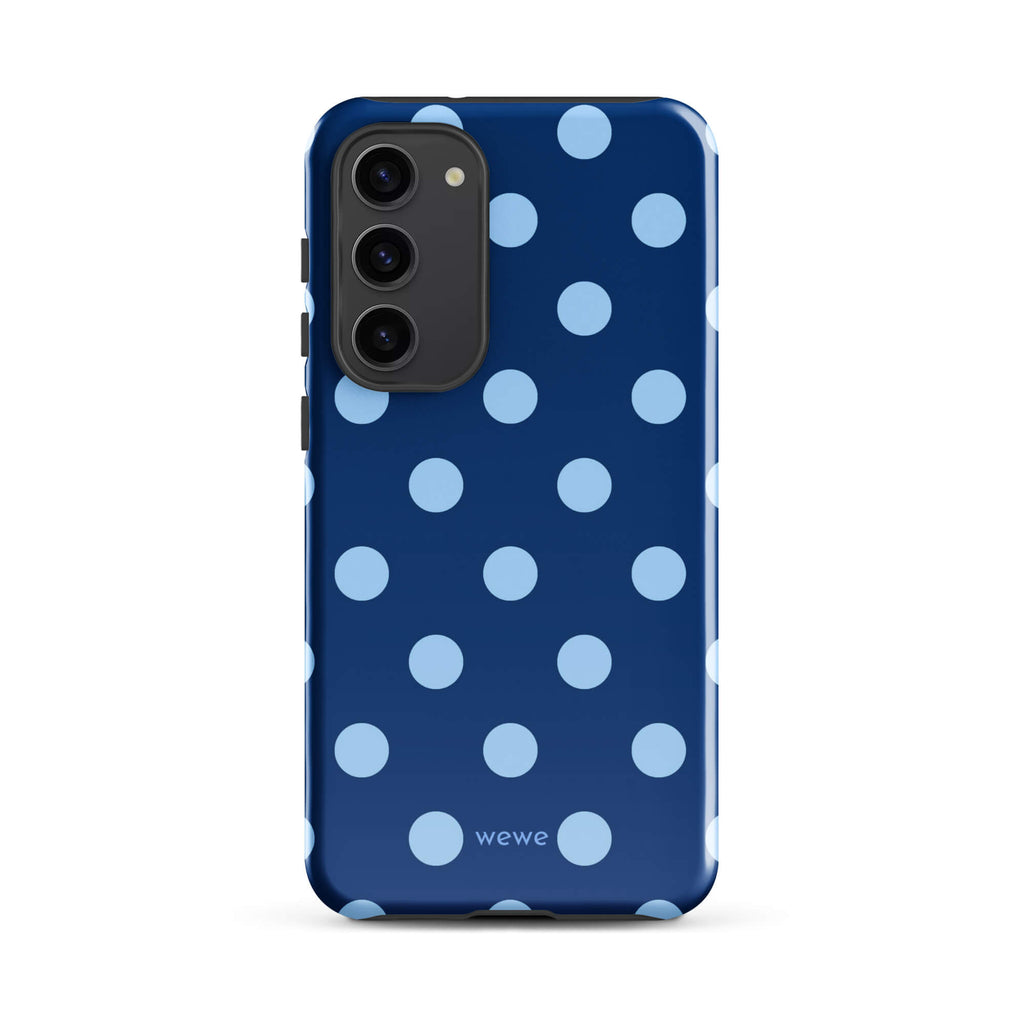 Deep navy-blue iPhone case with evenly spaced powder-blue polka dots