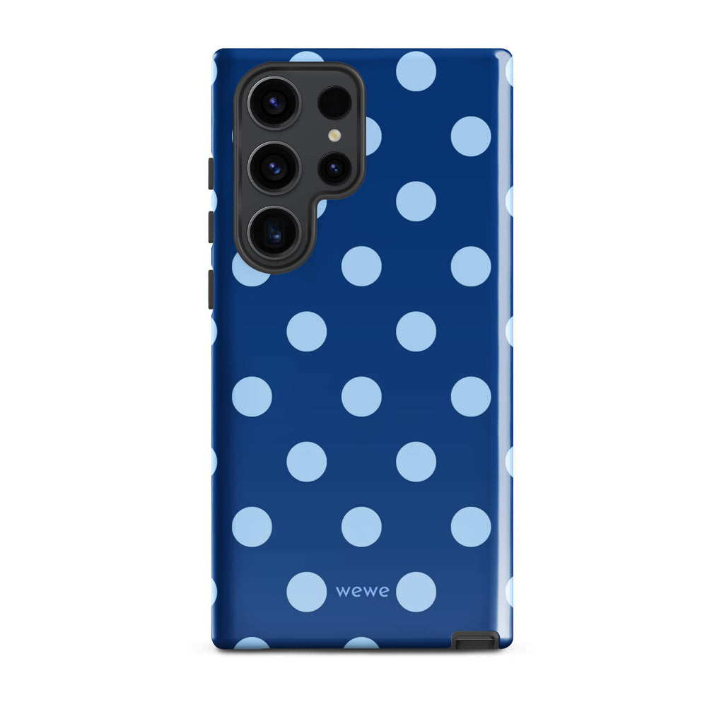 Deep navy-blue iPhone case with evenly spaced powder-blue polka dots