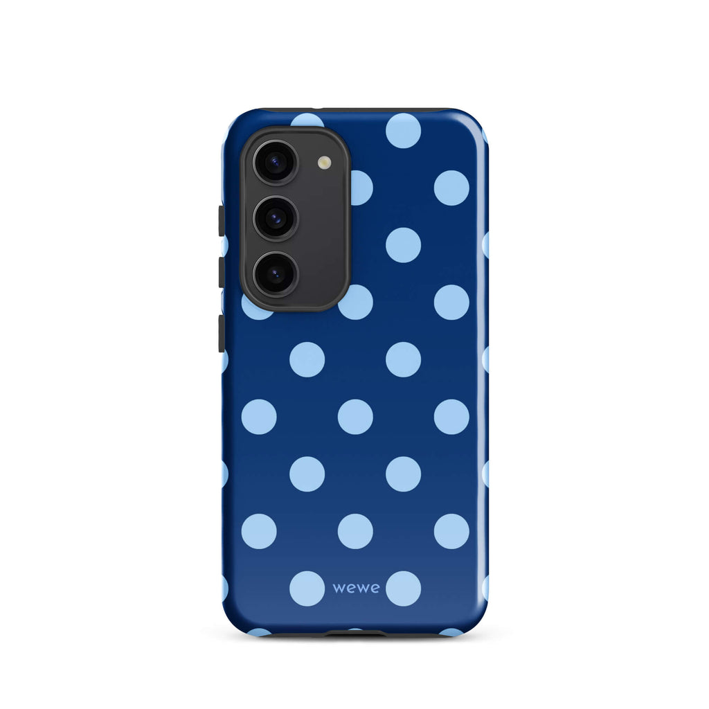 Deep navy-blue iPhone case with evenly spaced powder-blue polka dots