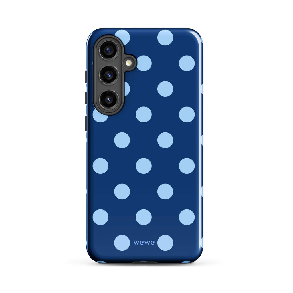Deep navy-blue iPhone case with evenly spaced powder-blue polka dots