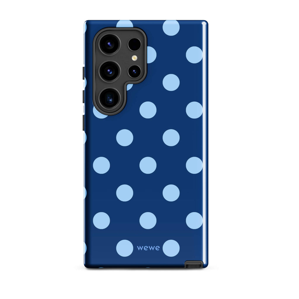 Deep navy-blue iPhone case with evenly spaced powder-blue polka dots