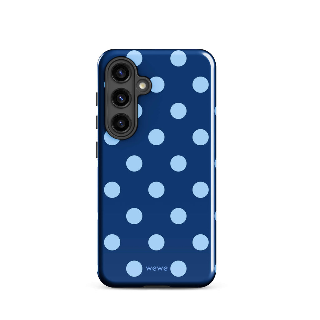 Deep navy-blue iPhone case with evenly spaced powder-blue polka dots