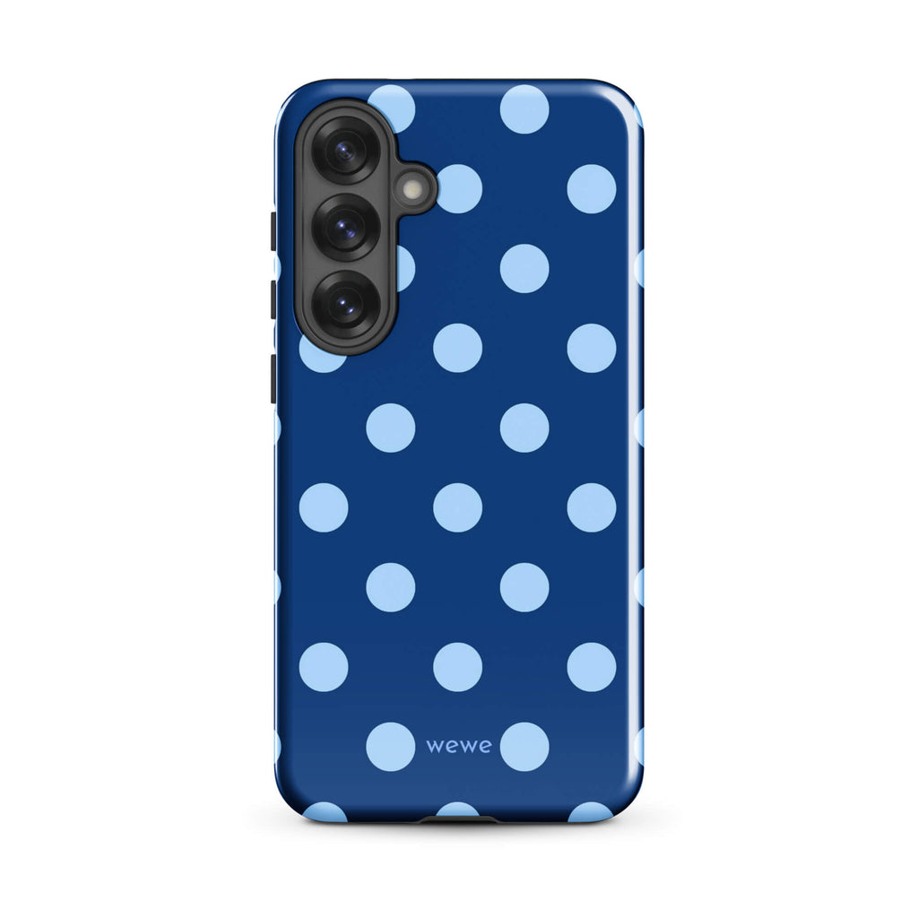 Deep navy-blue iPhone case with evenly spaced powder-blue polka dots