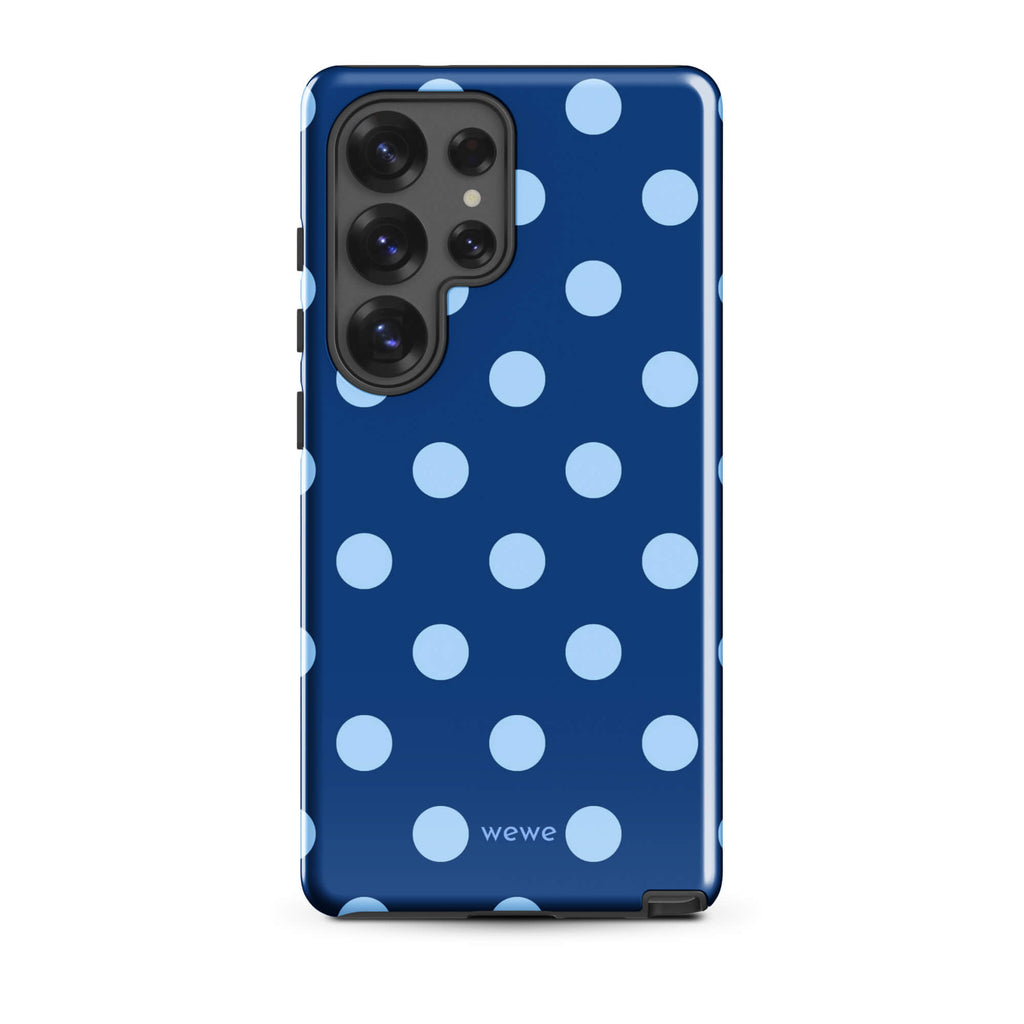 Deep navy-blue iPhone case with evenly spaced powder-blue polka dots