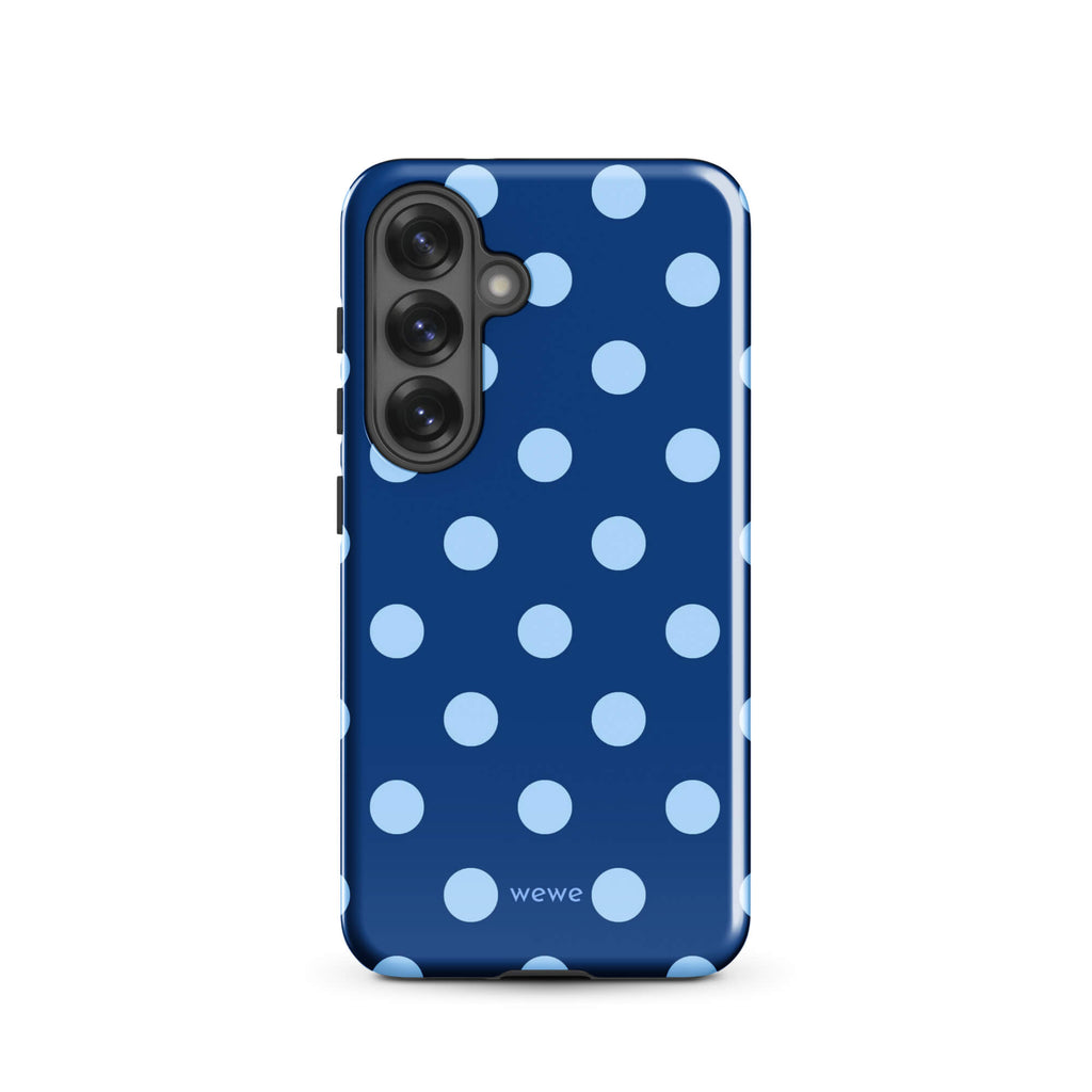 Deep navy-blue iPhone case with evenly spaced powder-blue polka dots