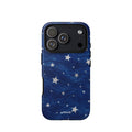 Navy-blue iPhone case with scattered silver-white patterned stars over flowing painted brushstrokes