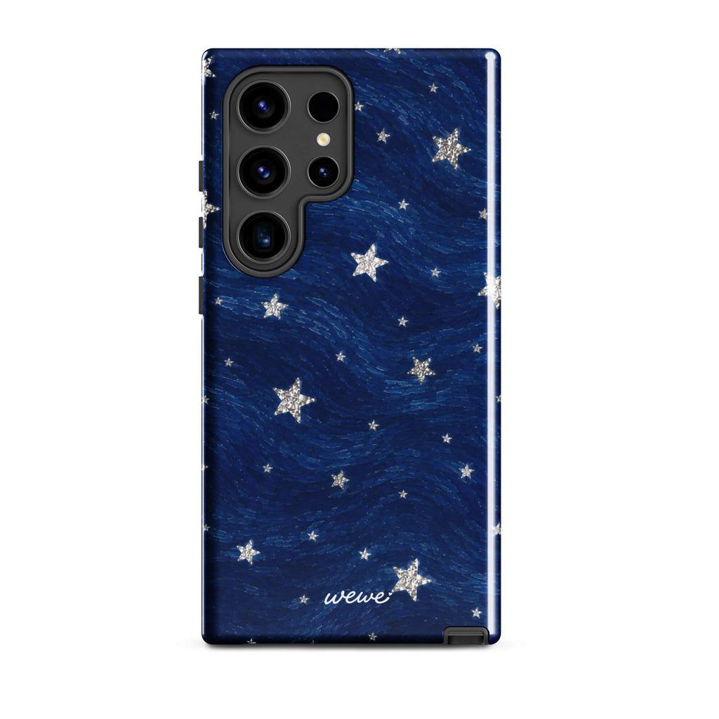 Navy-blue iPhone case with scattered silver-white patterned stars over flowing painted brushstrokes