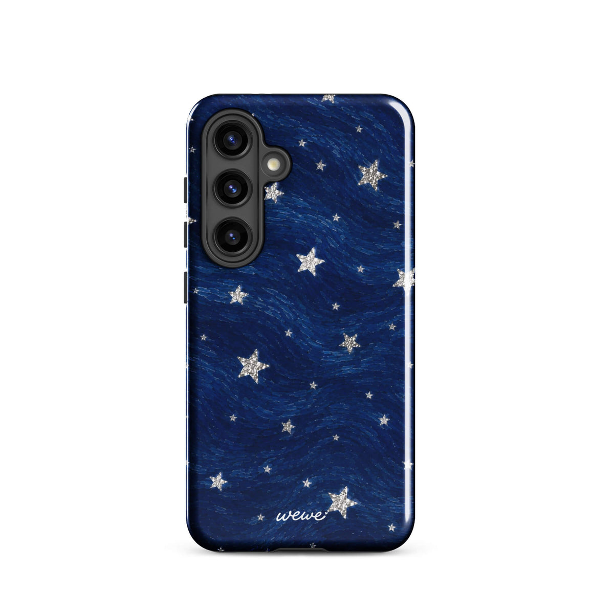 Navy-blue iPhone case with scattered silver-white patterned stars over flowing painted brushstrokes