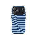 Navy and baby-blue iPhone case with horizontal stripes bending into a flowing wave