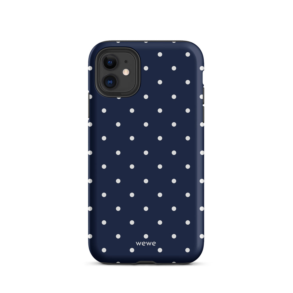 Navy blue iPhone case with evenly spaced cool-white mini polka dots