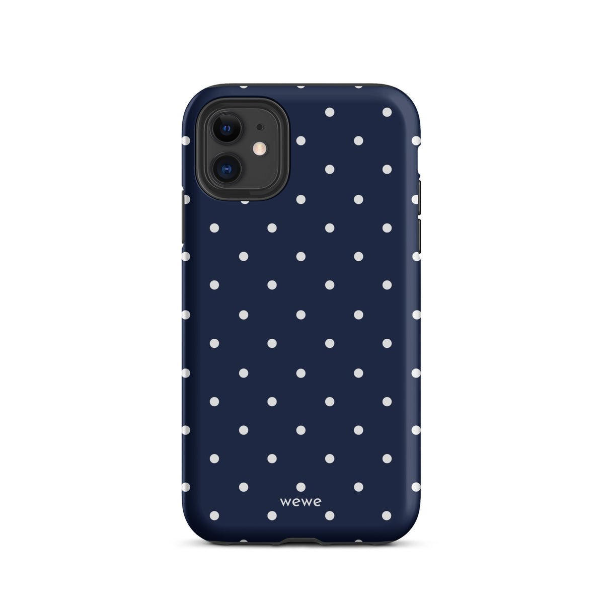 Navy blue iPhone case with evenly spaced cool-white mini polka dots