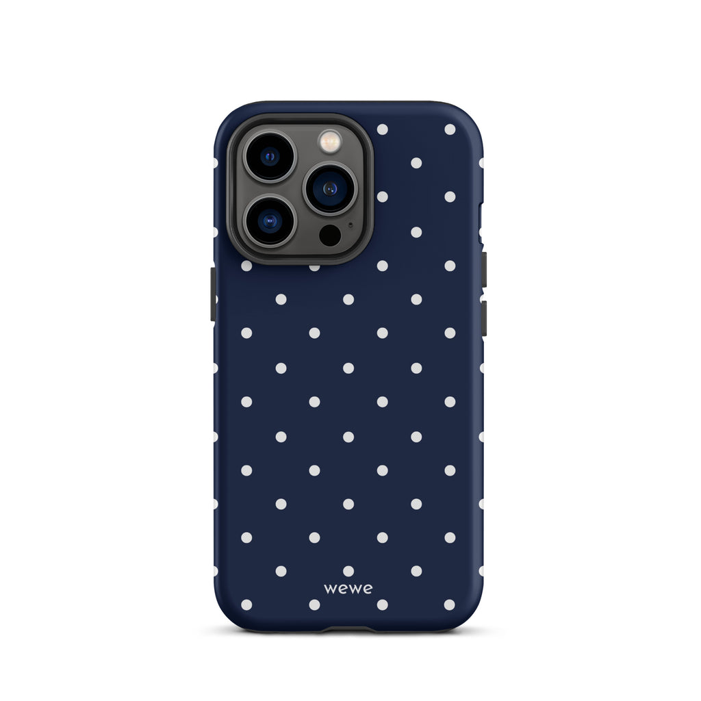 Navy blue iPhone case with evenly spaced cool-white mini polka dots