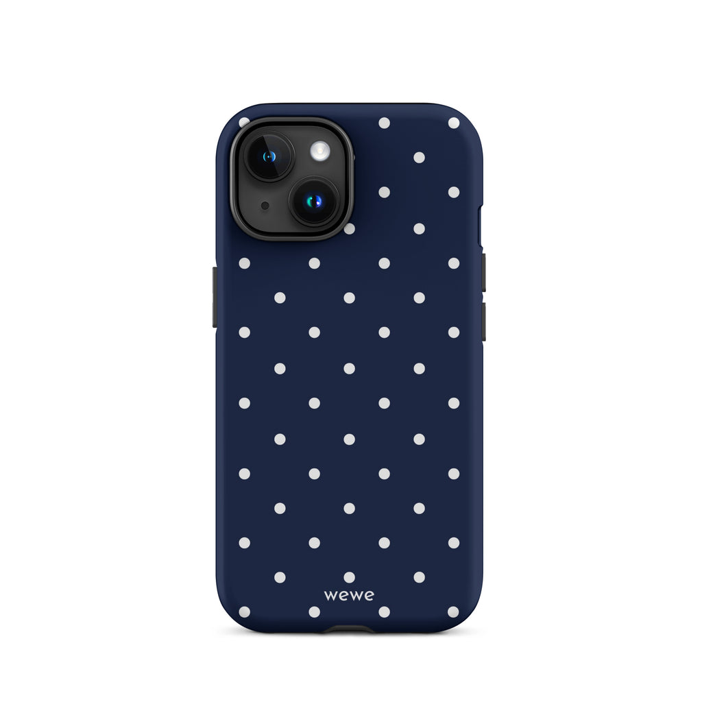 Navy blue iPhone case with evenly spaced cool-white mini polka dots