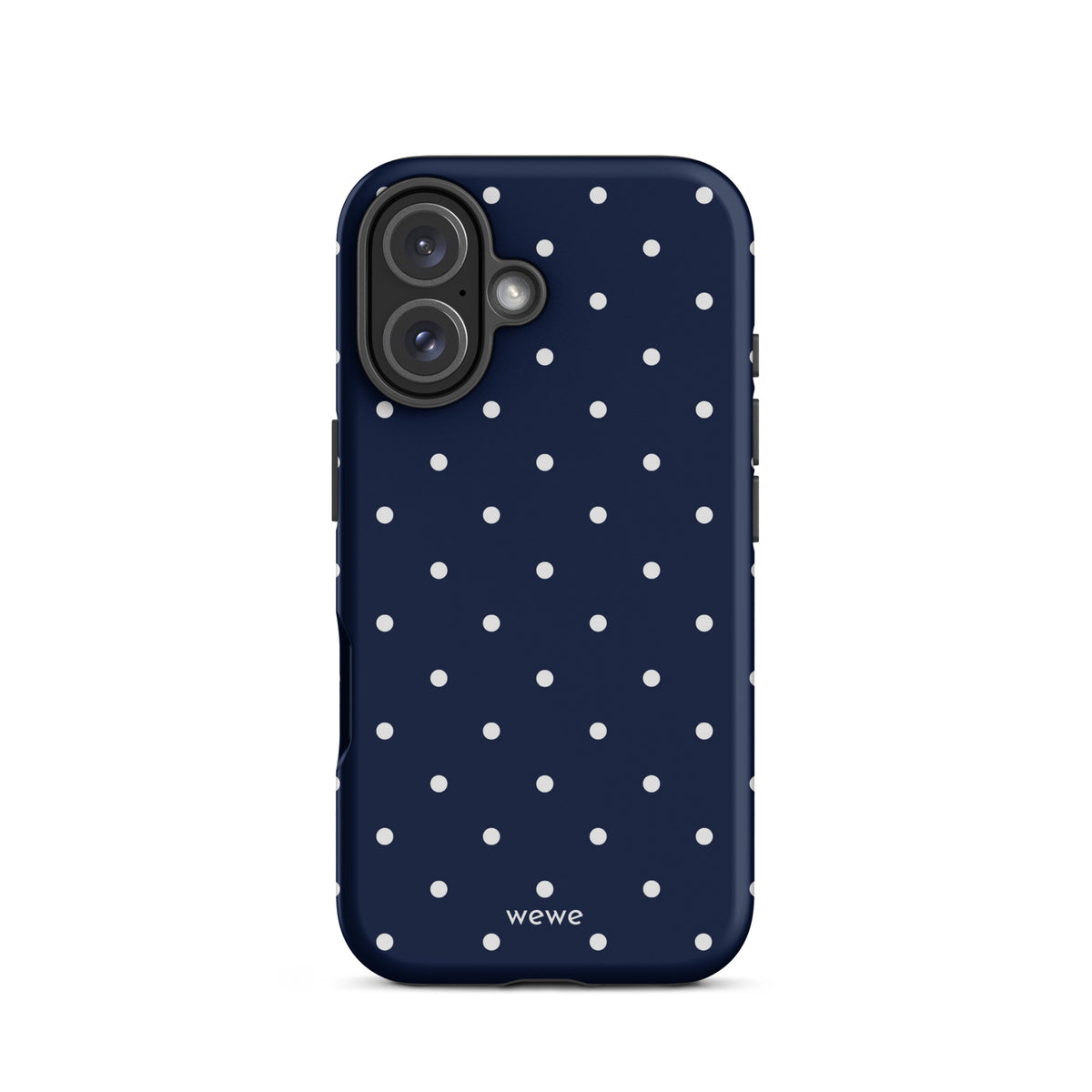 Navy blue iPhone case with evenly spaced cool-white mini polka dots