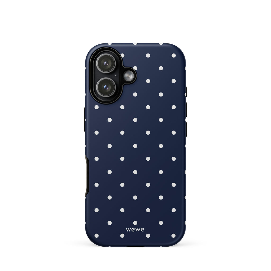 Navy blue iPhone case with evenly spaced cool-white mini polka dots